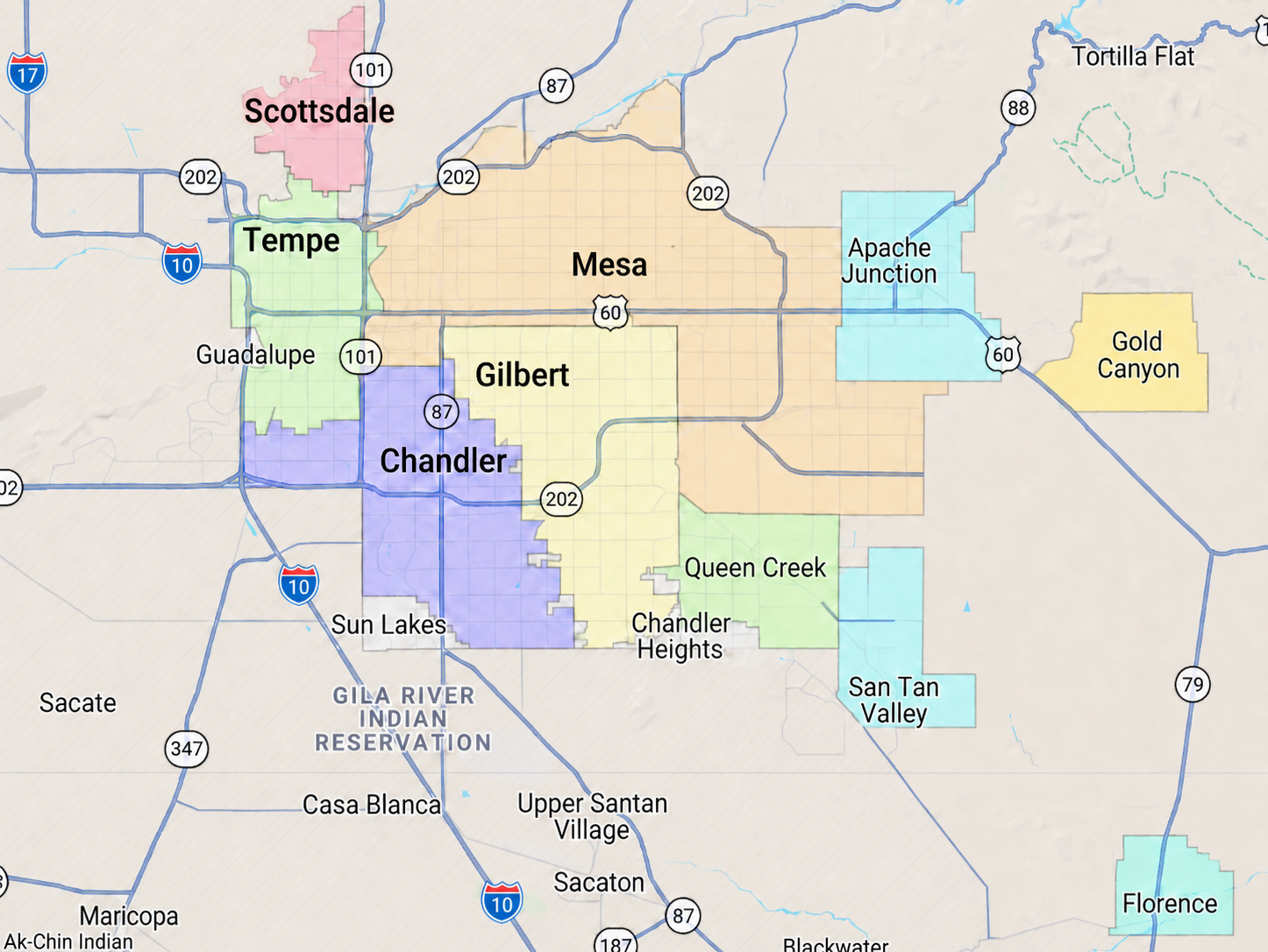 Map of the Phoenix East Valley highlighting the cities served: Scottsdale, Tempe, Mesa, Apache Junction, Gold Canyon, Gilbert, Queen Creek, San Tan Valley, and Florence.