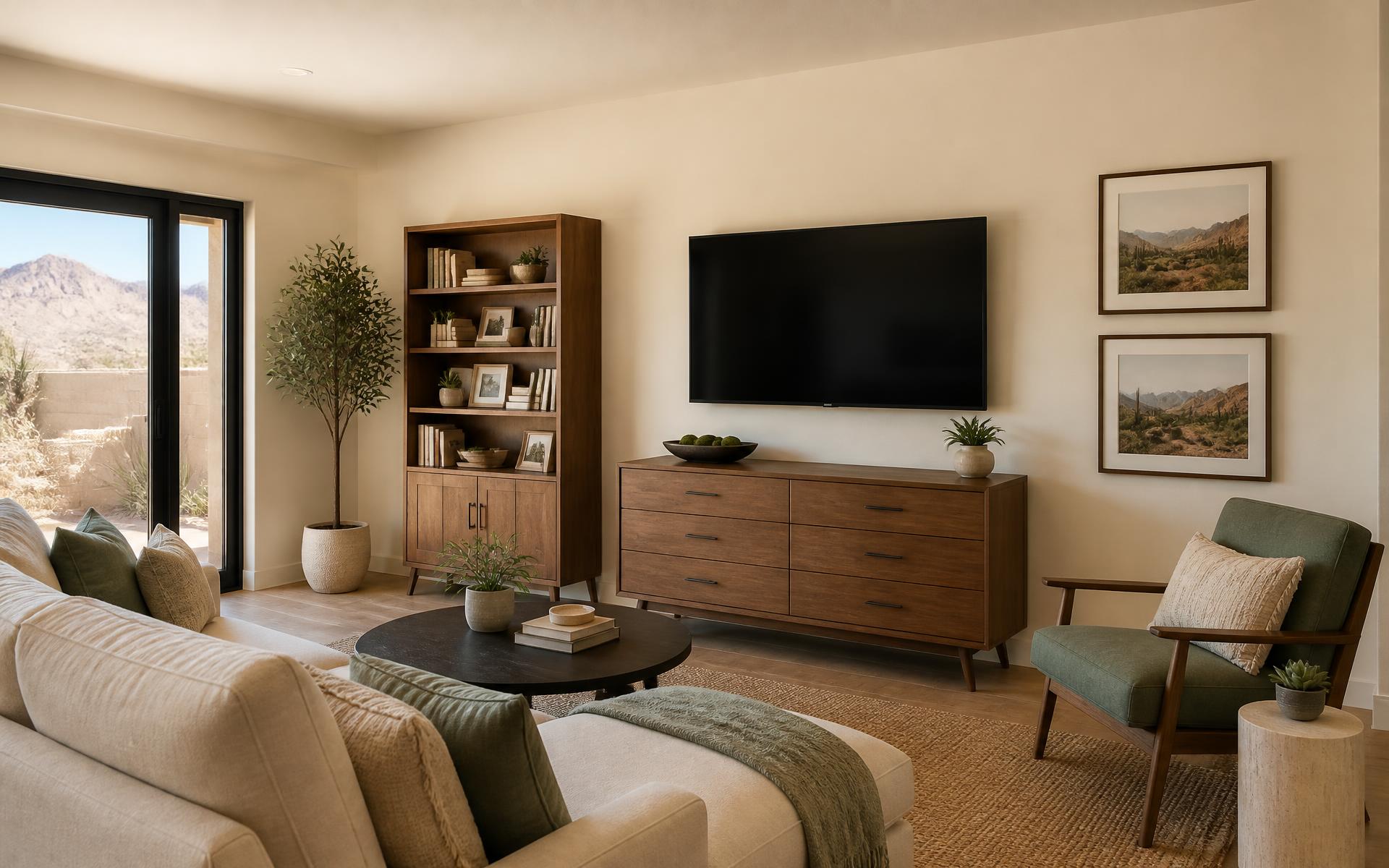 Finished Gilbert living room with assembled furniture, mounted TV, and level picture hanging